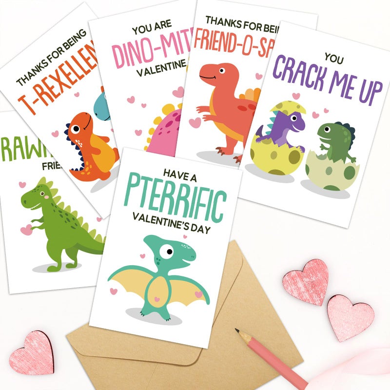 Chenive Dinosaur Valentine's Day Cards Bulk for Kids Students, 24 Pack Cute Dino Valentines Cards with Envelopes & Stickers, 6 x 4 In Funny T-Rex Pun Valentines Note Cards for School Preschool Class Classroom - Image 2