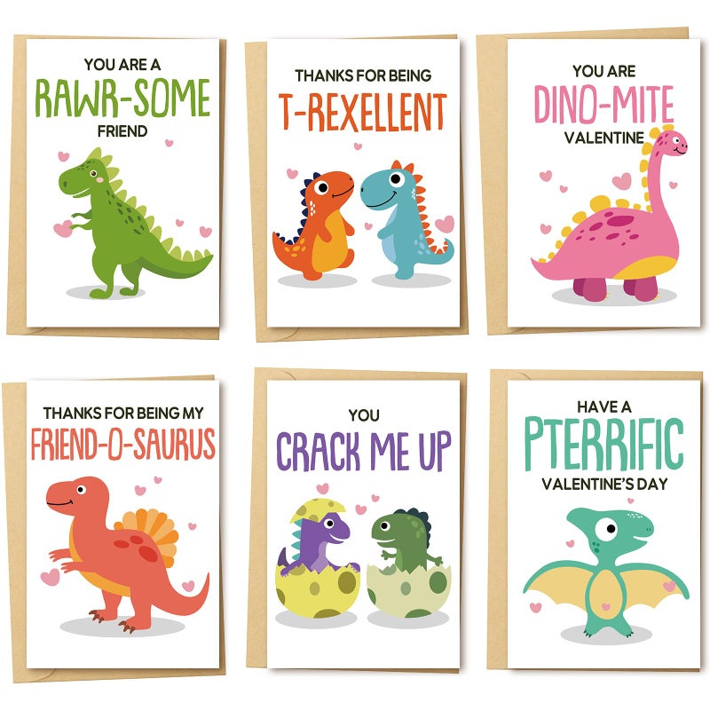 Chenive Dinosaur Valentine's Day Cards Bulk for Kids Students, 24 Pack Cute Dino Valentines Cards with Envelopes & Stickers, 6 x 4 In Funny T-Rex Pun Valentines Note Cards for School Preschool Class Classroom - Image 1