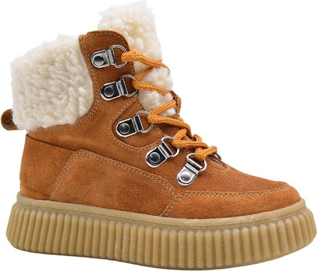 Kids A More Dinos Plush Fur Collar Detailed Lace-up and Zippered Leather Girls Boots Cinnamon - Image 1