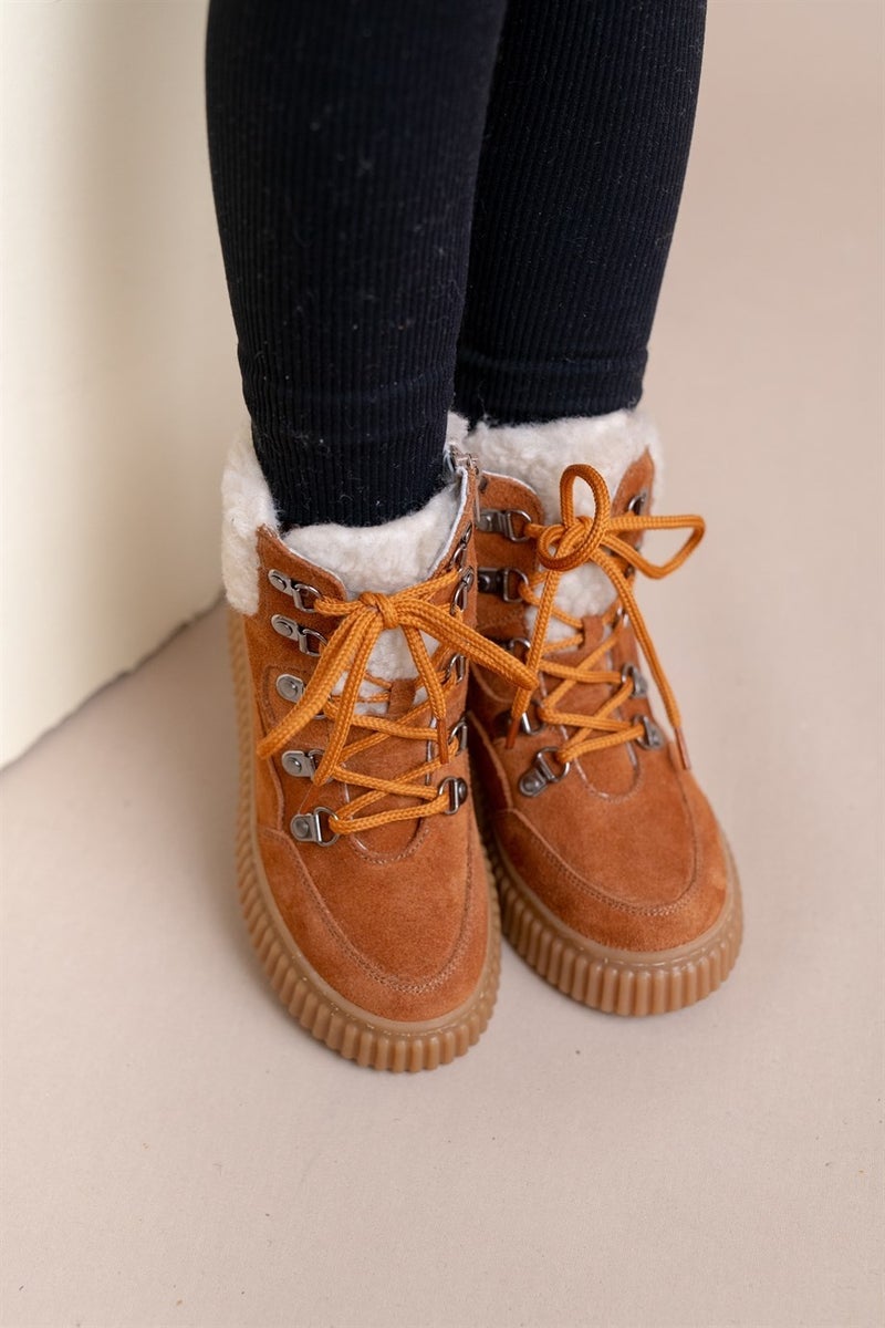 Kids A More Dinos Plush Fur Collar Detailed Lace-up and Zippered Leather Girls Boots Cinnamon - Image 2