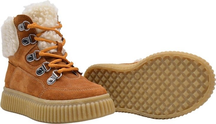 Kids A More Dinos Plush Fur Collar Detailed Lace-up and Zippered Leather Girls Boots Cinnamon - Image 3