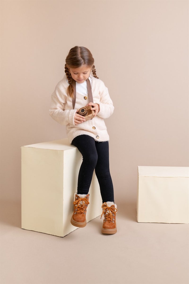 Kids A More Dinos Plush Fur Collar Detailed Lace-up and Zippered Leather Girls Boots Cinnamon - Image 4