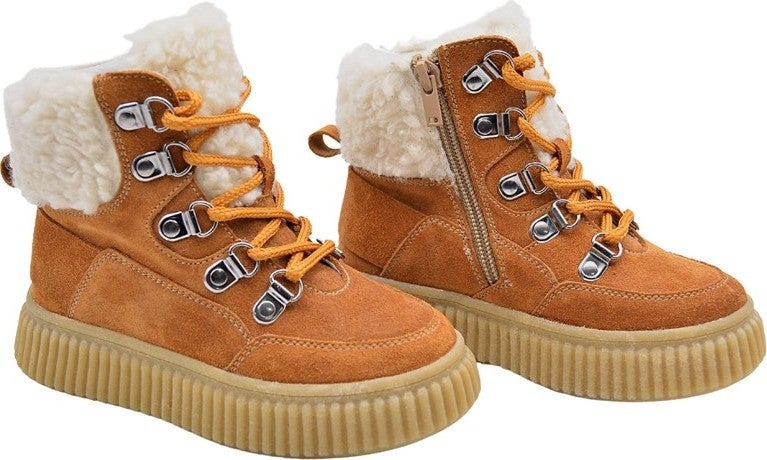 Kids A More Dinos Plush Fur Collar Detailed Lace-up and Zippered Leather Girls Boots Cinnamon - Image 5