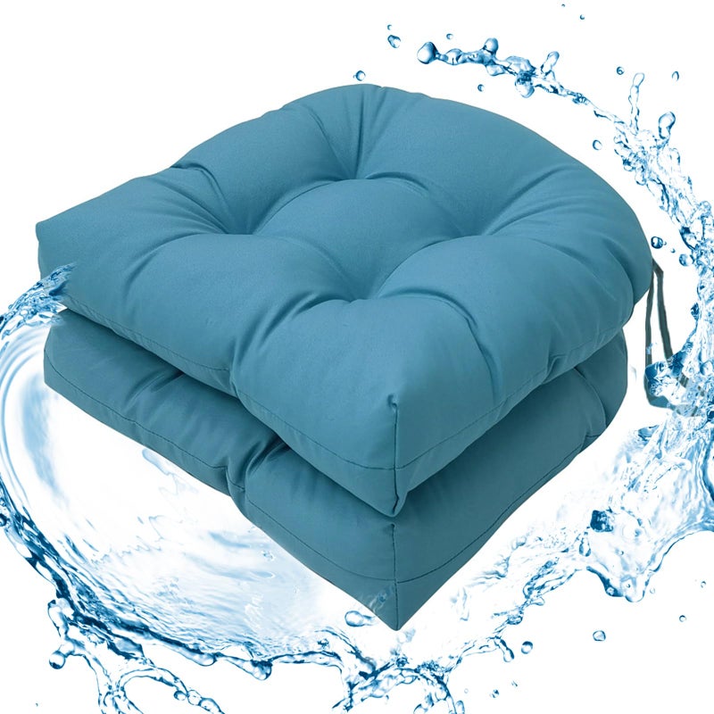Wadser Outdoor/Indoor Chair Cushions, Blue Tufted Patio Seat Cushions Round Corner, 2 Pack Waterproof Chair Pads with Ties, 19"x19"x3.9" - Image 1
