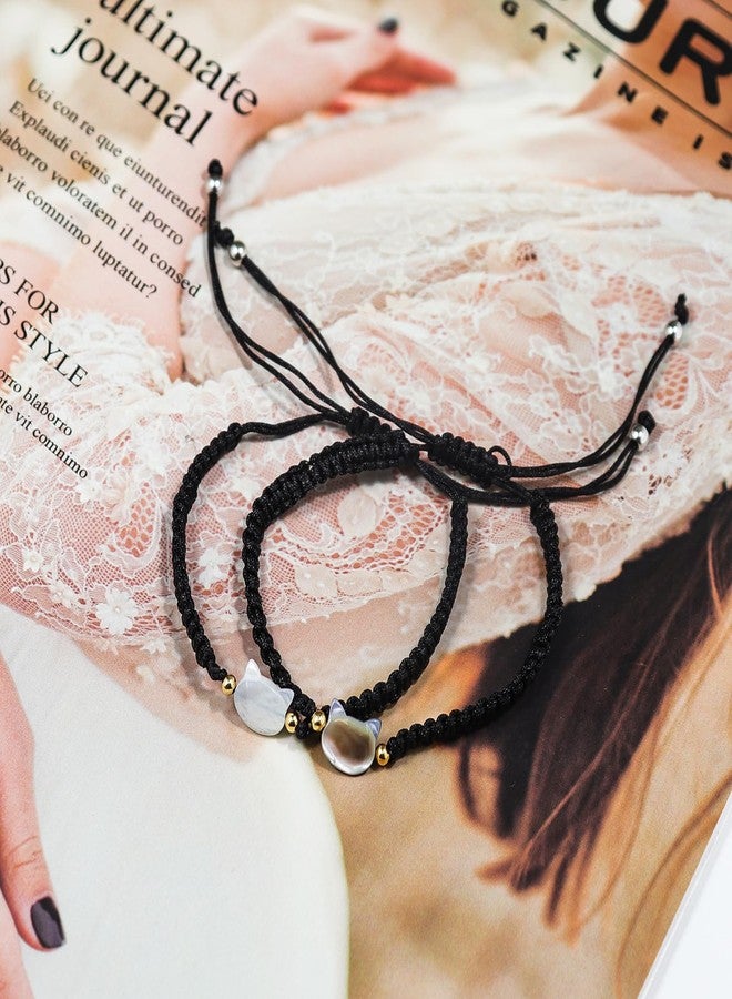 Pingyongchang Personalized Couples Moonstone Cat Bracelet - Handmade Adjustable Braided Rope - Black and White - Image 2