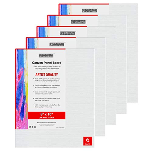 Pragati Systems® 08x10 Inch Medium Grain Primed Cotton Canvas Panel Board for Painting | Ready-to-Use Canvas Boards for Oil & Acrylic Painting, White (Pack of 6) - Image 1