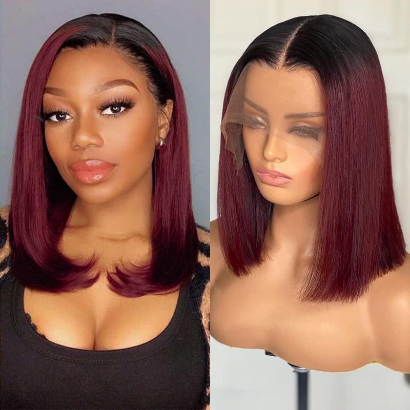 Flady 1B 99j Bob Wig Human Hair 13x4 HD Frontal Lace Wig 150 Density 1B Burgundy Lace Front Wigs Human Hair Pre Plucked Red Frontal Bob wig Short Straight Bob Wigs for Black Women 14 inch