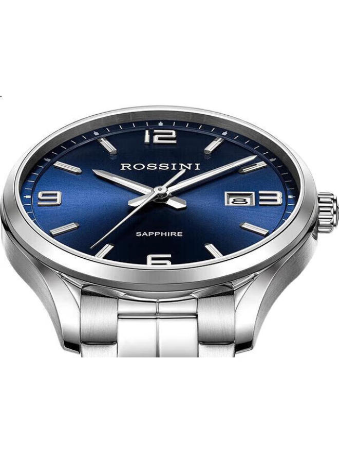 ROSSINI Men'S Quartz Watch With Blue Dial And Steel Strap, Birthday Gift, Chinese Brand, Business Style, Water-Resistant, Simple Calendar, 5200011 - Image 1