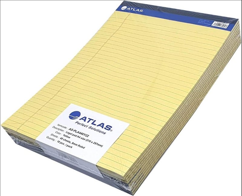 Atlas Legal Pad A4 40 Sheets Yellow Pack of 10 Ruled Writing Notepad for Office School and Home Use