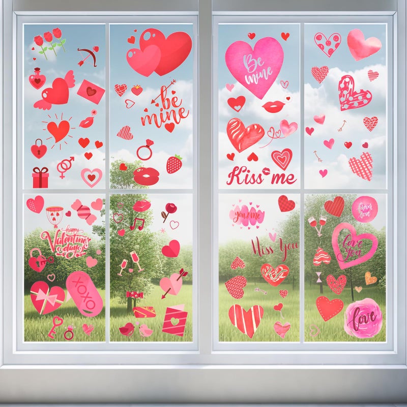 SpinLaLa 218 Pieces Valentine's Day Window Clings for Glass Windows - Assorted Love Heart and Kiss Designs, Removable DIY Vinyl Decals Stickers for Wedding Engagement Romantic Indoor Ornaments Decorations - Image 1