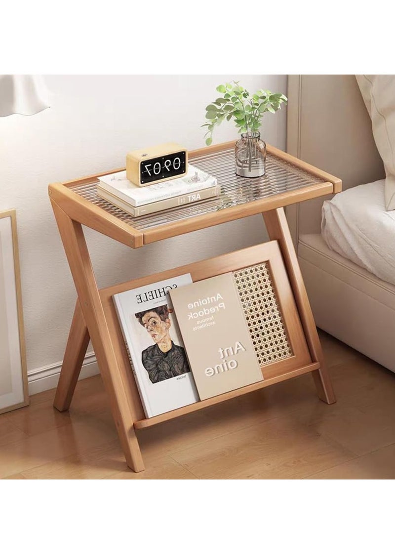 HOME TASTE Coffee Table with Storage Rattan Side Table Wooden Nightstand End Table Glass Bedside Table for Living Room Bedroom  - Image 1