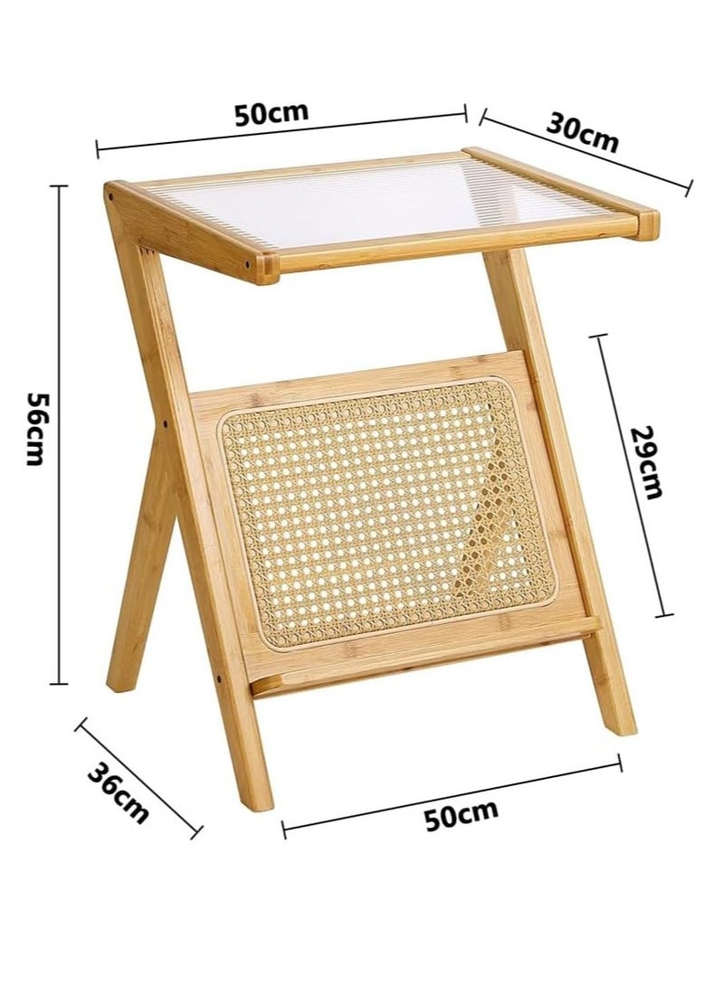 HOME TASTE Coffee Table with Storage Rattan Side Table Wooden Nightstand End Table Glass Bedside Table for Living Room Bedroom  - Image 2