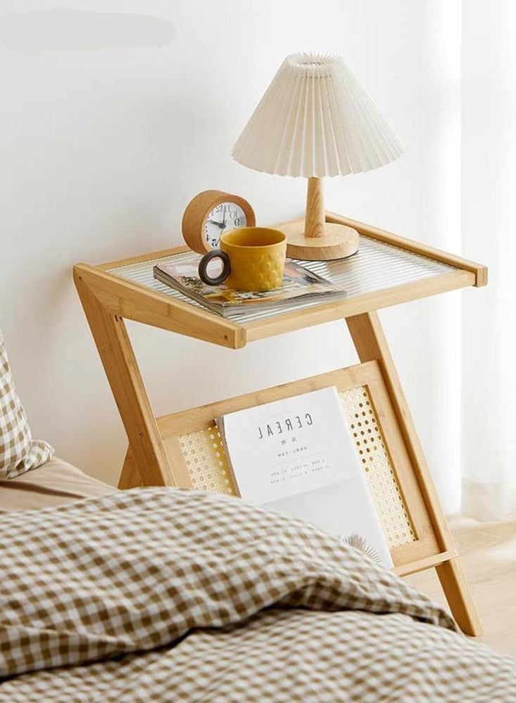 HOME TASTE Coffee Table with Storage Rattan Side Table Wooden Nightstand End Table Glass Bedside Table for Living Room Bedroom  - Image 3