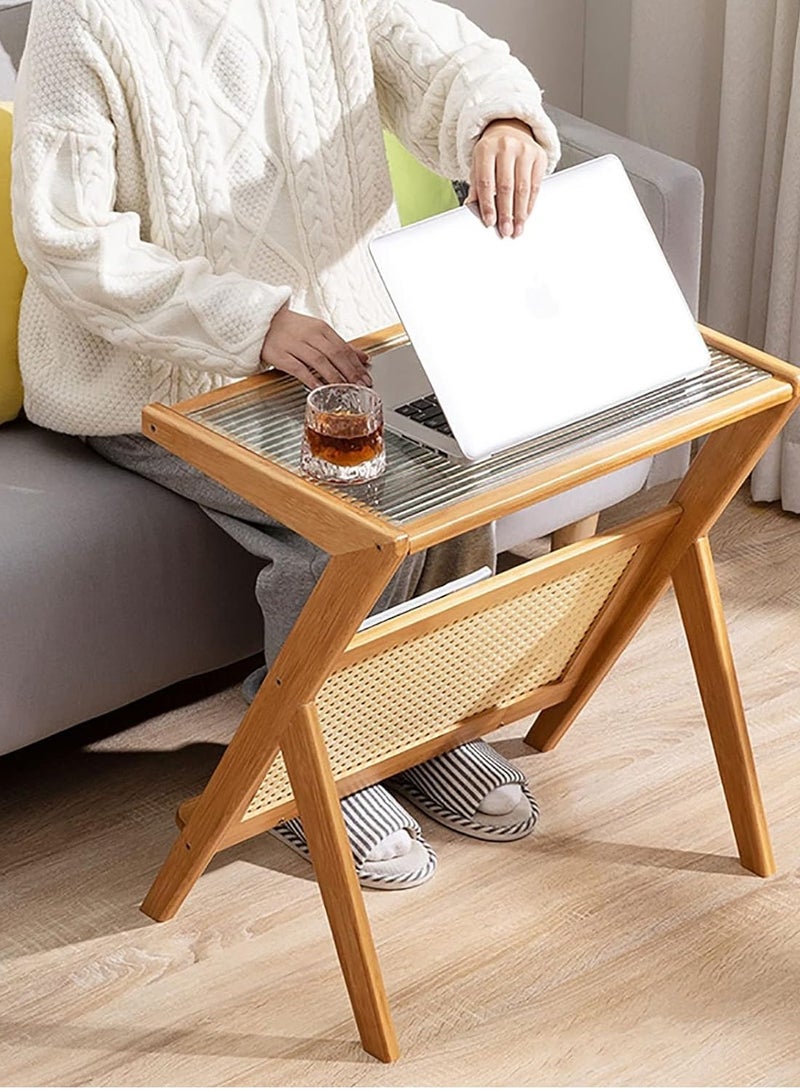 HOME TASTE Coffee Table with Storage Rattan Side Table Wooden Nightstand End Table Glass Bedside Table for Living Room Bedroom  - Image 4