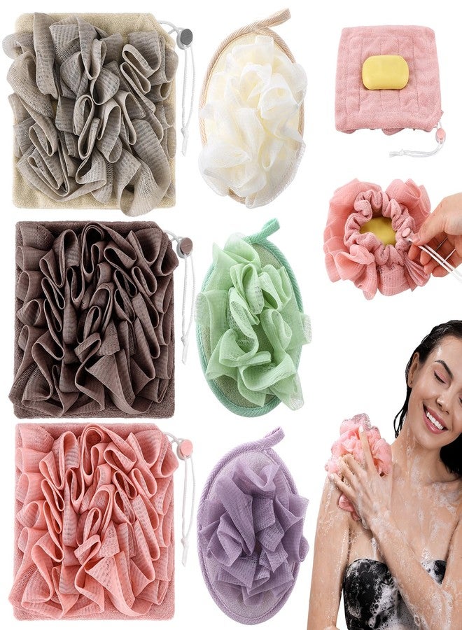 LemonRoad 6 Pcs Bath Shower Pouf Sponge Loofahs 2 in 1 Bath Loofah with Soap Pocket Sponge Drawstring, Exfoliating Mesh Shower Puff Ball for Body Scrubber Wash Cleansing and Smooth Skin - Image 1