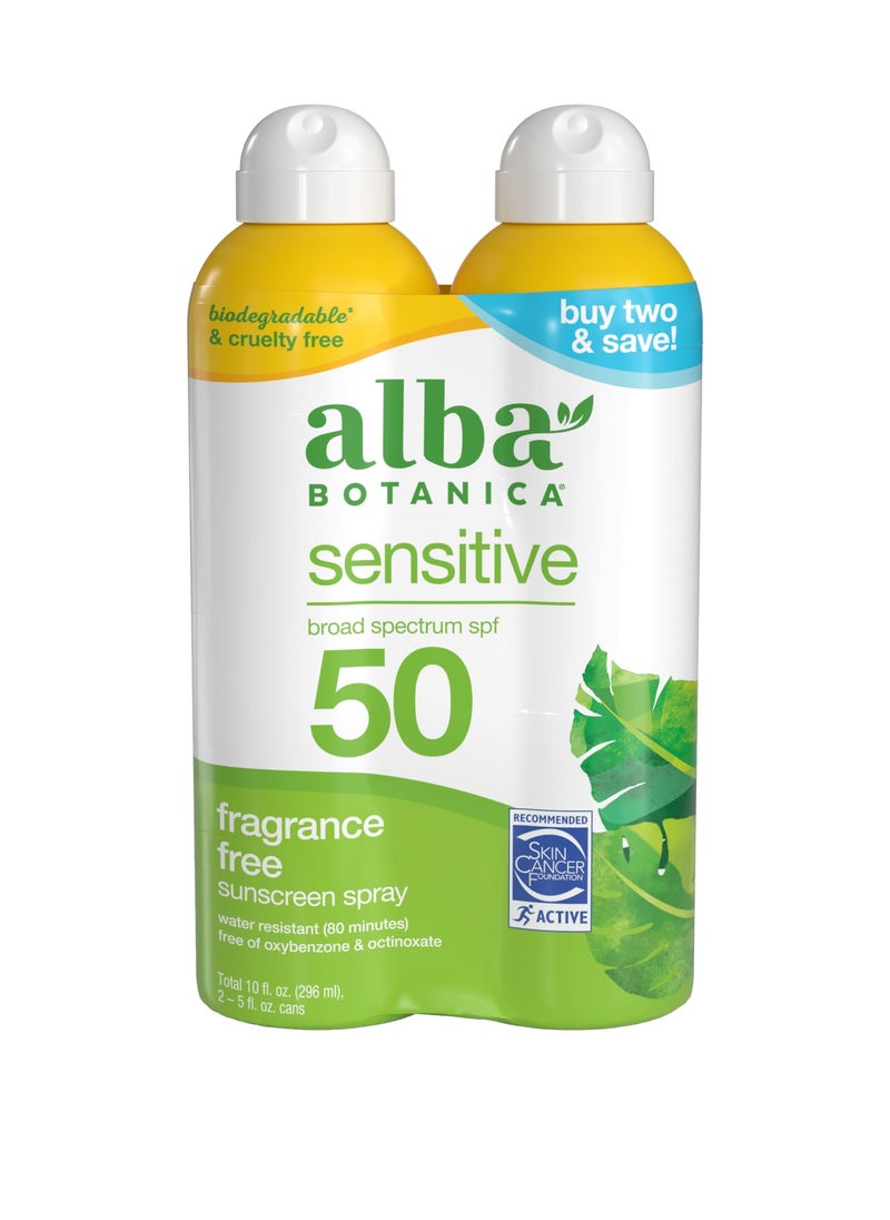 Alba Botanica Alba Botanica Sensitive Sunscreen Spray for Face and Body, Fragrance-Free, Broad Spectrum SPF 50, Water Resistant, 5 fl oz Bottle (Pack of 2) 