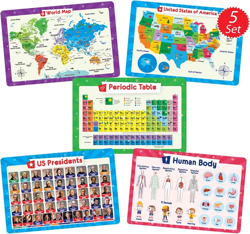 Simply magic 5 Placemats for Kids - Kids Placemat Non Slip, Washable Reusable Children Placemat, Educational Placemats: USA and World Maps, Periodic Table, US Presidents, Plastic Place Mats for Kids - Image 1