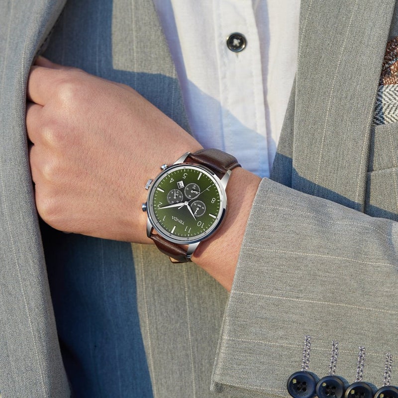 ترندا ساعة يد رجالية من TRNDA ستانلس ستيل كلاسيك - مينا أخضر طحلبي متدرج مع سوار جلدي بني - Image 2