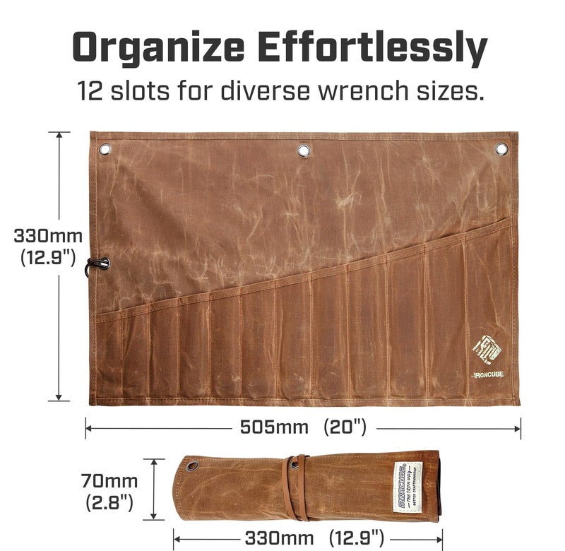 IRONCUBE Tool Pouch, 12 Pockets Wax Canvas Weatherproof Roll-Up Storage Bag for Wrenches - Image 2