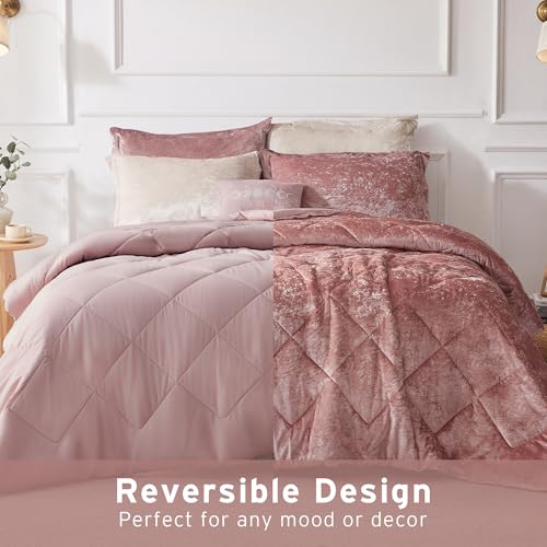 Intelligent Design Felicia Luxe Comforter Velvet Lush Double Sided Diamond Quilting, Modern All Season Bedding Set with Matching Sham, Decorative Pillow, Full/Queen(90"x90"), Blush 4 Piece - Image 2