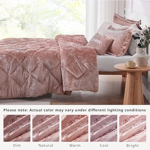 Intelligent Design Felicia Luxe Comforter Velvet Lush Double Sided Diamond Quilting, Modern All Season Bedding Set with Matching Sham, Decorative Pillow, Full/Queen(90"x90"), Blush 4 Piece - Image 5