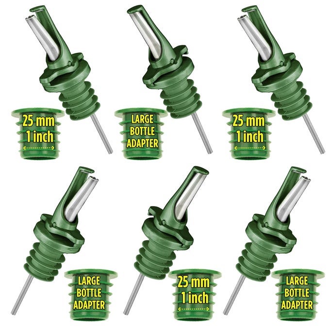 OLIVE OIL SPOUT FOR OLIVE OIL DISPENSER UK PATENTED OIL POURER MID FLOW SHUT OFF FOR ACCURATE MEASUREMENT ONE HANDED OPEN CLOSE CAP KEEPS OIL FRESH AND PREVENTS OXIDIZATION GREEN 6 PACK