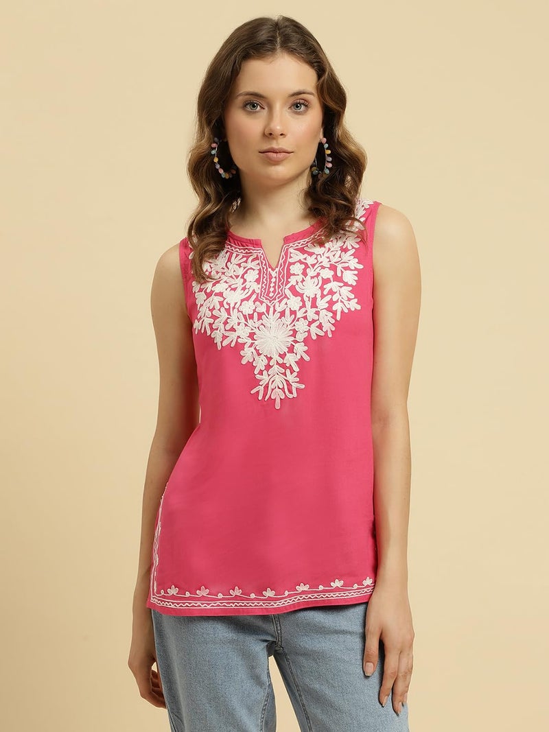 QAZMI Women's Kashmiri Embroidered Sleeveless Short Kurti (XXL, Pink) - Image 2