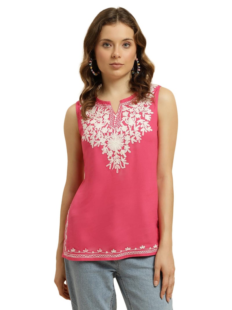 QAZMI Women's Kashmiri Embroidered Sleeveless Short Kurti (XXL, Pink) - Image 1