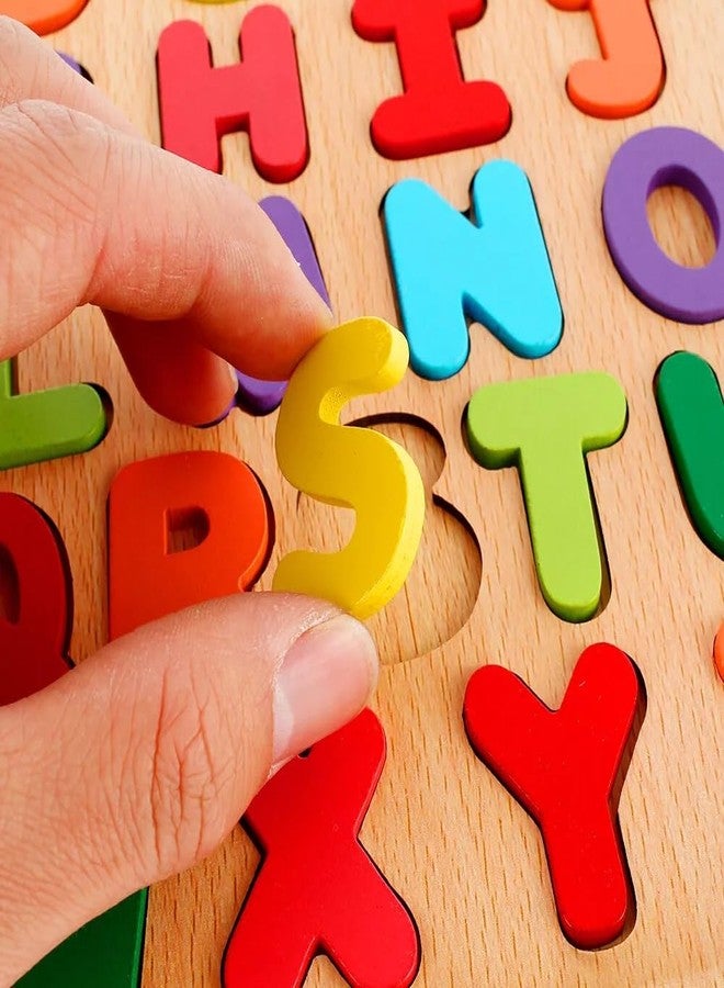AUTHFORT Wooden Alphabet Puzzles Numbers Count Board Blocks 3 Sets Game, Colorful ABC Lower Letters/Numbers/Shapes for Kids Toddlers Preschool Early Learning Educational Toys (ABCD Capital) - Image 3