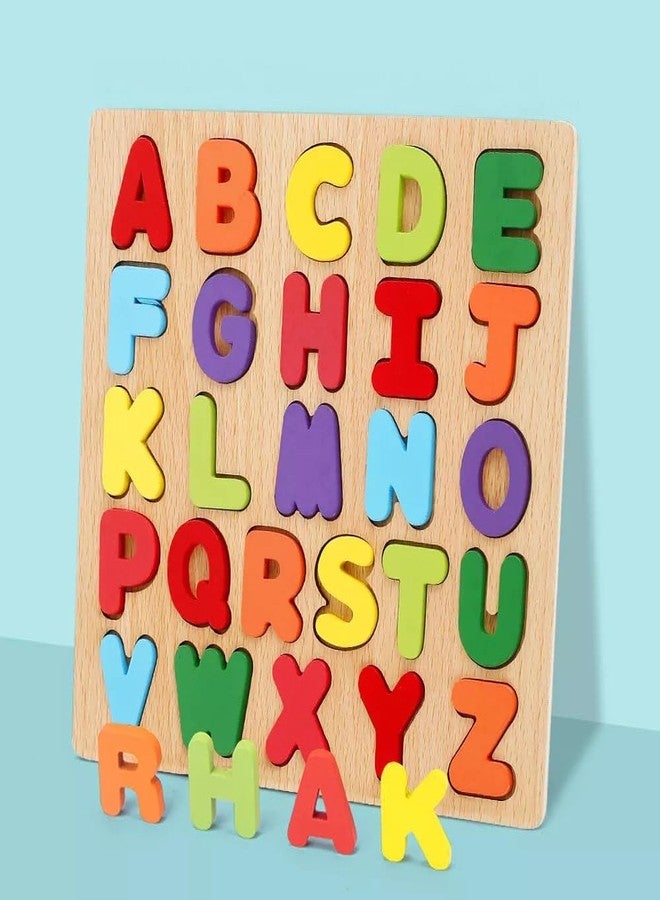 AUTHFORT Wooden Alphabet Puzzles Numbers Count Board Blocks 3 Sets Game, Colorful ABC Lower Letters/Numbers/Shapes for Kids Toddlers Preschool Early Learning Educational Toys (ABCD Capital) - Image 2