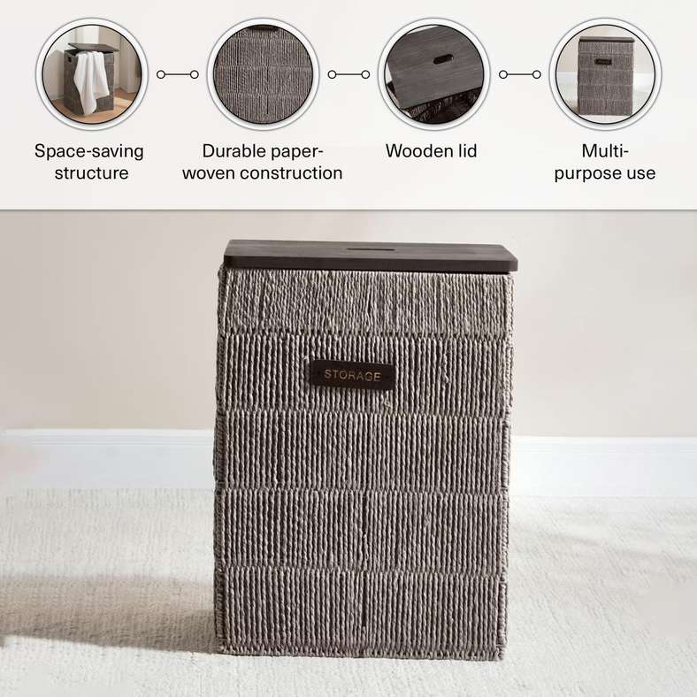Pan Home سلة غسيل إلينور بغطاء خشبي - رمادي - Image 4