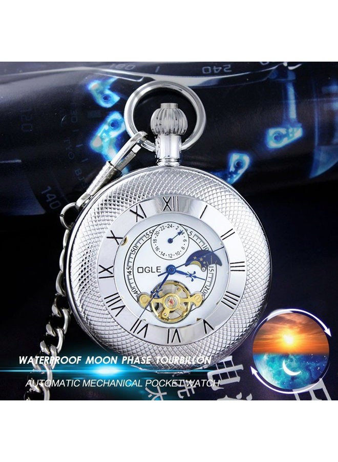 OGLE Waterproof Roman White Tourbillon Phases Moon Chain Fob Skeleton Automatic Mechanical Pocket Watch - Image 2