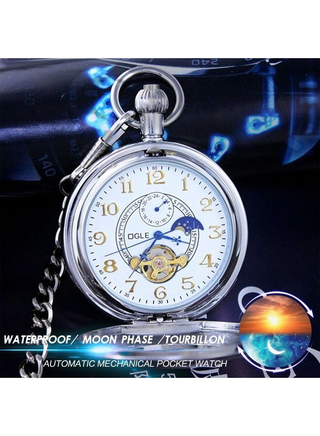 OGLE Waterproof Roman White Tourbillon Phases Moon Chain Fob Skeleton Automatic Mechanical Pocket Watch - Image 3