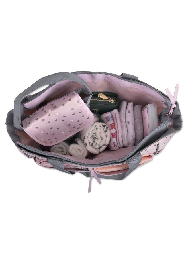 Baby Essentials Diaper Bag Tote 5 Piece Set with Sun, Moon, and Stars, Wipes Pocket, Dirty Diaper Pouch, Changing Pad (Grey/Pink)  - Image 2