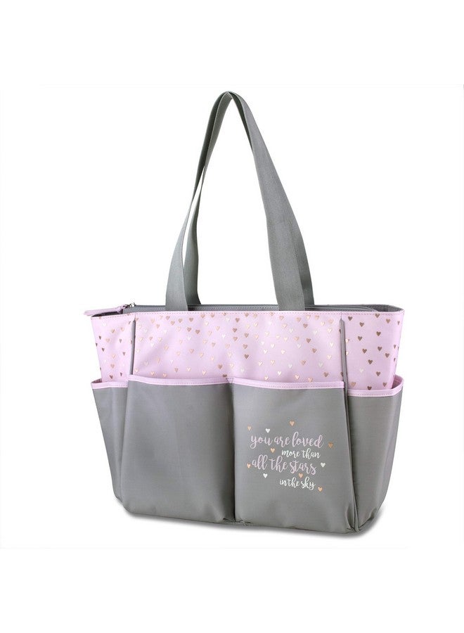 Baby Essentials Diaper Bag Tote 5 Piece Set with Sun, Moon, and Stars, Wipes Pocket, Dirty Diaper Pouch, Changing Pad (Grey/Pink)  - Image 4