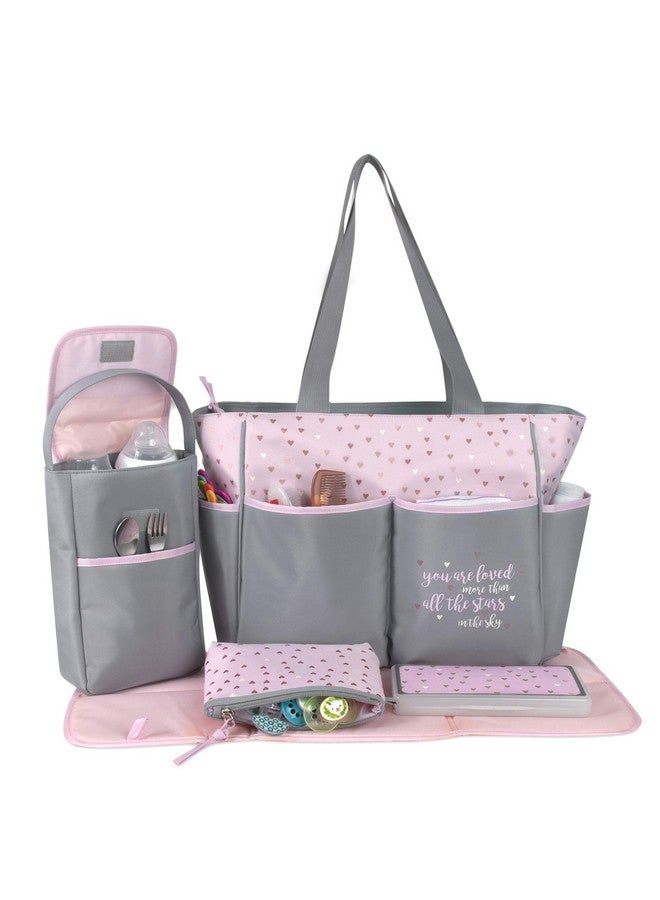 Baby Essentials Diaper Bag Tote 5 Piece Set with Sun, Moon, and Stars, Wipes Pocket, Dirty Diaper Pouch, Changing Pad (Grey/Pink)  - Image 1
