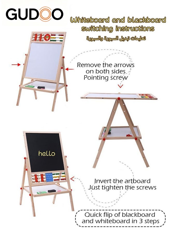 GUDOO 2 in 1 Kids Easel Height Adjustable Double Sided Art Painting Activity Easel Stand Wooden Dry Erase Board With Whiteboard Chalkboard For Toddler Boys Girls - Image 3