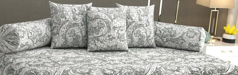 SHOMES Pure Soft Cotton Floral Printed Diwan Set Covers 8 Pieces 1 Single Bed Sheet 60 X 90 with 5 Cushion 16 X 16 2 Bolster Covers 16 X 32 Grey Floral - Image 3