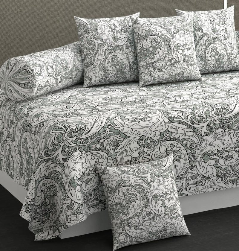 SHOMES Pure Soft Cotton Floral Printed Diwan Set Covers 8 Pieces 1 Single Bed Sheet 60 X 90 with 5 Cushion 16 X 16 2 Bolster Covers 16 X 32 Grey Floral - Image 2