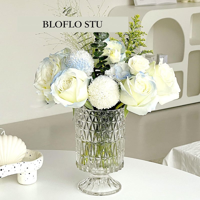 BLOFLO STU مزهرية زجاجية منقوشة BLOFLO، مقاس 7 بوصات، مزهرية كريستالية، مزهرية باقة زهور بقاعدة كبيرة على قاعدة، مزهرية زجاجية شفافة للزراعة المائية للمنزل والمكتب وحفلات الزفاف وطاولات الطعام (نقش معيني طويل) - Image 3