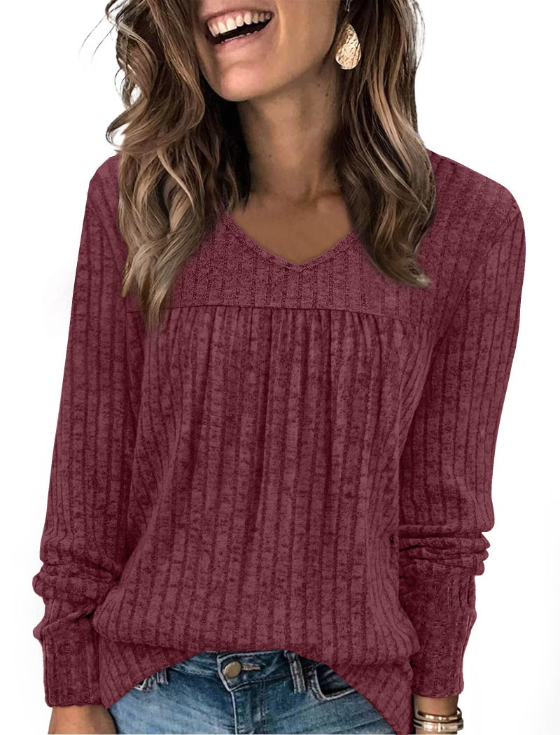WIHOLL Womens Long Sleeve Tops V Neck Red Tops Dressy Casual Lightweight Sweaters Cute Winter Early Fall Fashion Clothing 2025 Tunic Shirts Old Money Clothes School Outfits for Teachers Red XL - Image 1