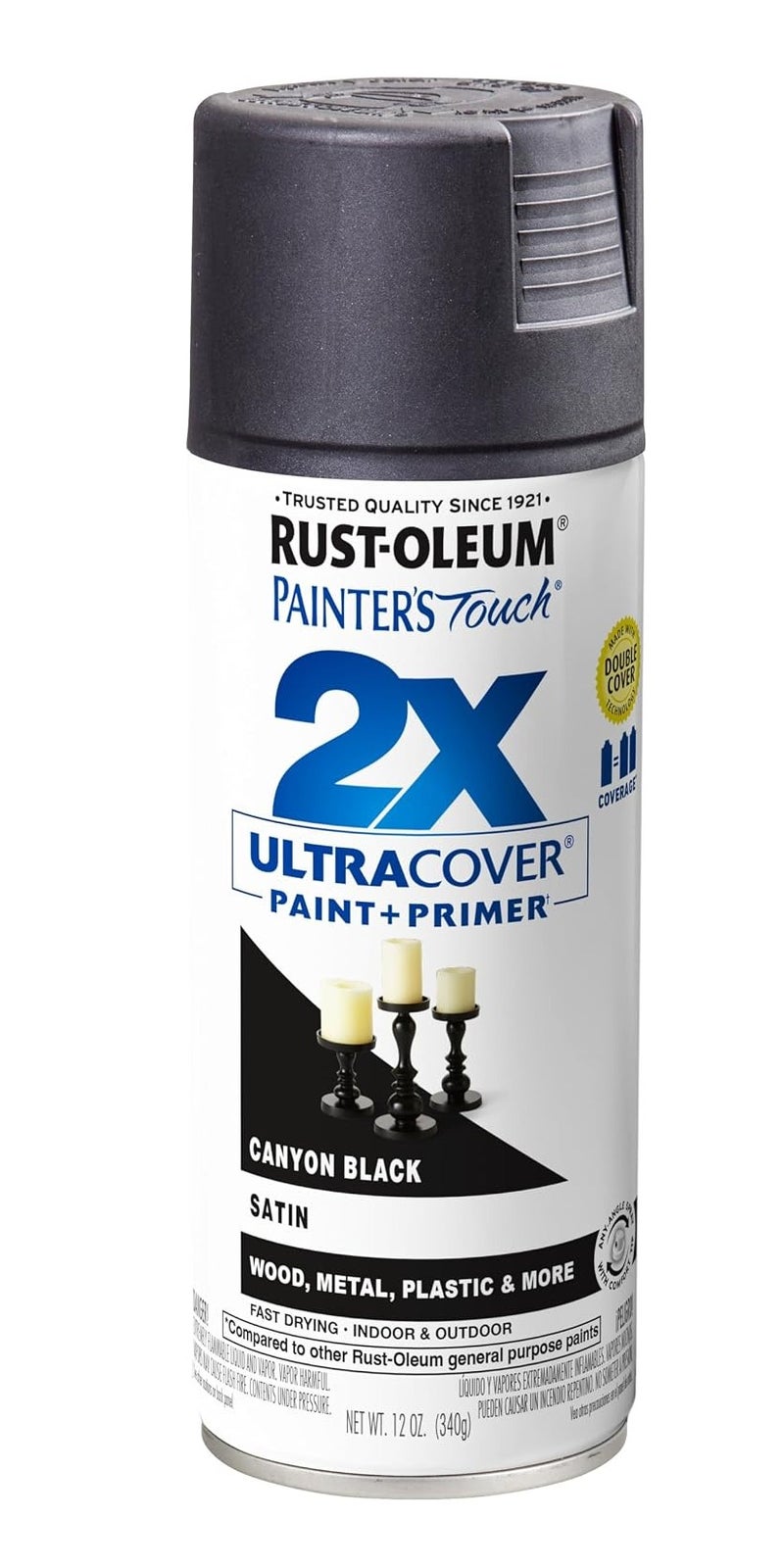 Rust-Oleum Painter’s Touch 2X Ultra Cover Canyon Black Satin Paint + Primer Spray, 12 oz / 340 g, Fast-Drying Indoor & Outdoor Paint for Wood, Metal, Plastic and More - Image 1