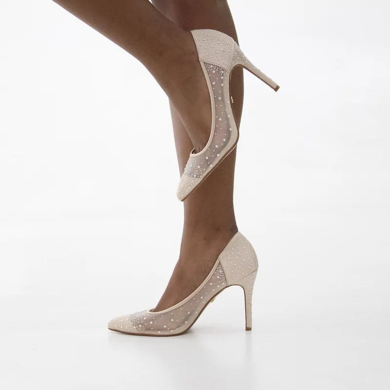 LAMARAPARIS AISHA SATIN MESH PEARL EMBELLISHED COURT ON 9CM HEEL
