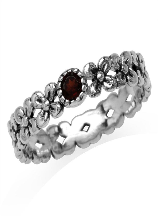 Silvershake Petite Natural Garnet 925 Sterling Silver Flower Stack Stackable Eternity Ring Size 7.5 - Image 1
