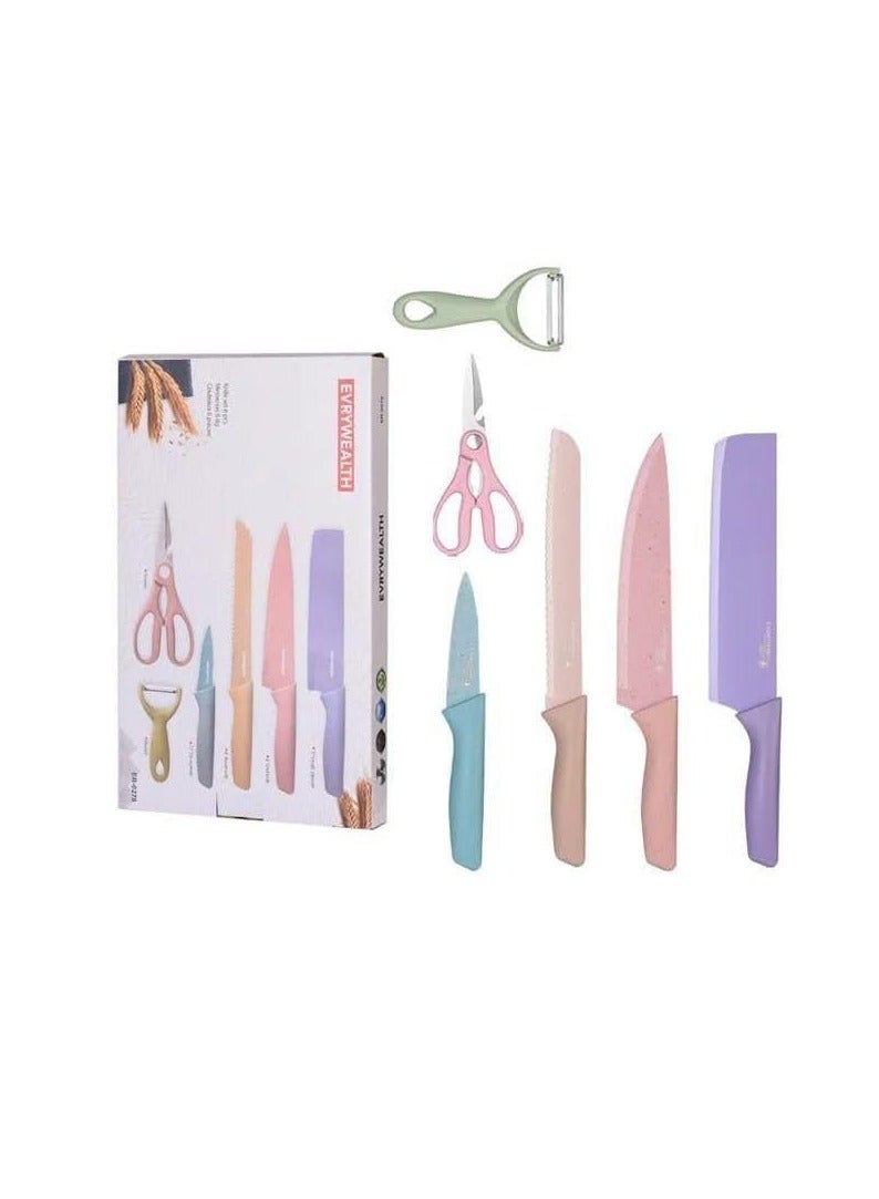 Colorful 6 Piece Knife Set with Peeler and Scissors - Featured in Light Turkish Pastel Colors, Ultra Sharp, with Luxury Box Perfect as a Gift Z  - Image 1