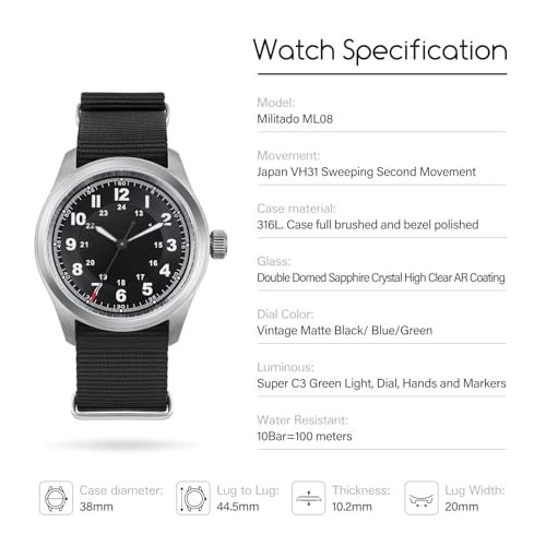 TACTICAL FROG Militado ML08 Japanese Sweep VH31 Field Watch 38mm Men's Military Watch Sapphire Crystal 10 ATM Waterproof Analog Watches for Men and Women, Black Dial - Image 5