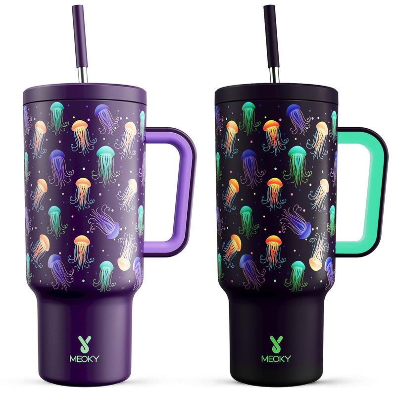 Meoky 40 oz Tumbler with Handle and Straw: Glow in the Dark Tumbler with Lid and Straw - Stainless Steel Insulated Tumbler for Car Cup Holders - Travelers Commuters Workers, Jellyfish - Image 1