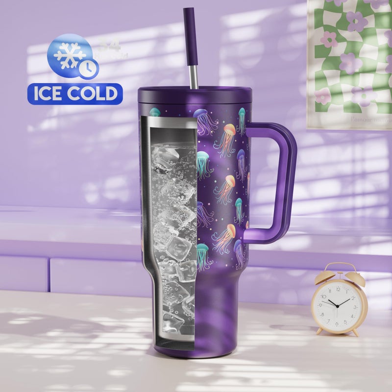 Meoky 40 oz Tumbler with Handle and Straw: Glow in the Dark Tumbler with Lid and Straw - Stainless Steel Insulated Tumbler for Car Cup Holders - Travelers Commuters Workers, Jellyfish - Image 2