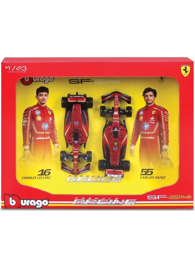 Bburago Racing F1 2024 Ferrari SF24 #16 Charles Leclerc & #55 Carlos Sainz Die-cast Cars 2-Pack Set (1:43) - Image 1