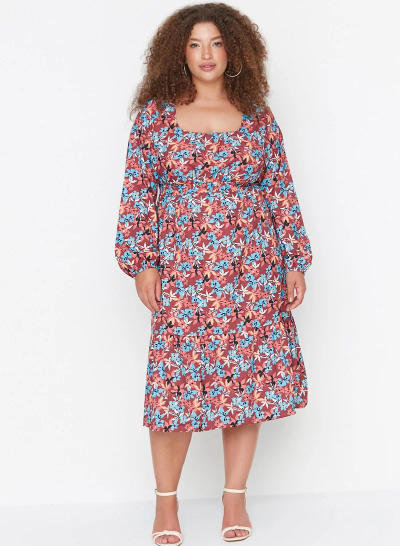 Trendyol Curve Puff Sleeve Floral Print Dress